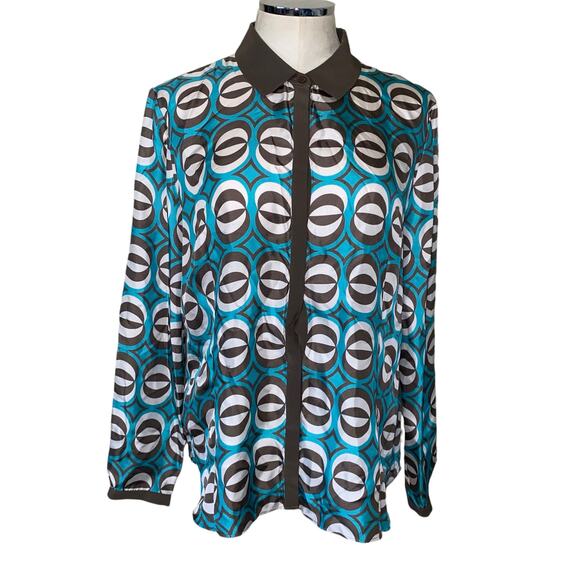 Lafayette 148 Brown Blue Geometric 100% Silk Collared Long Sleeve Blouse Size 14 - Picture 1 of 6